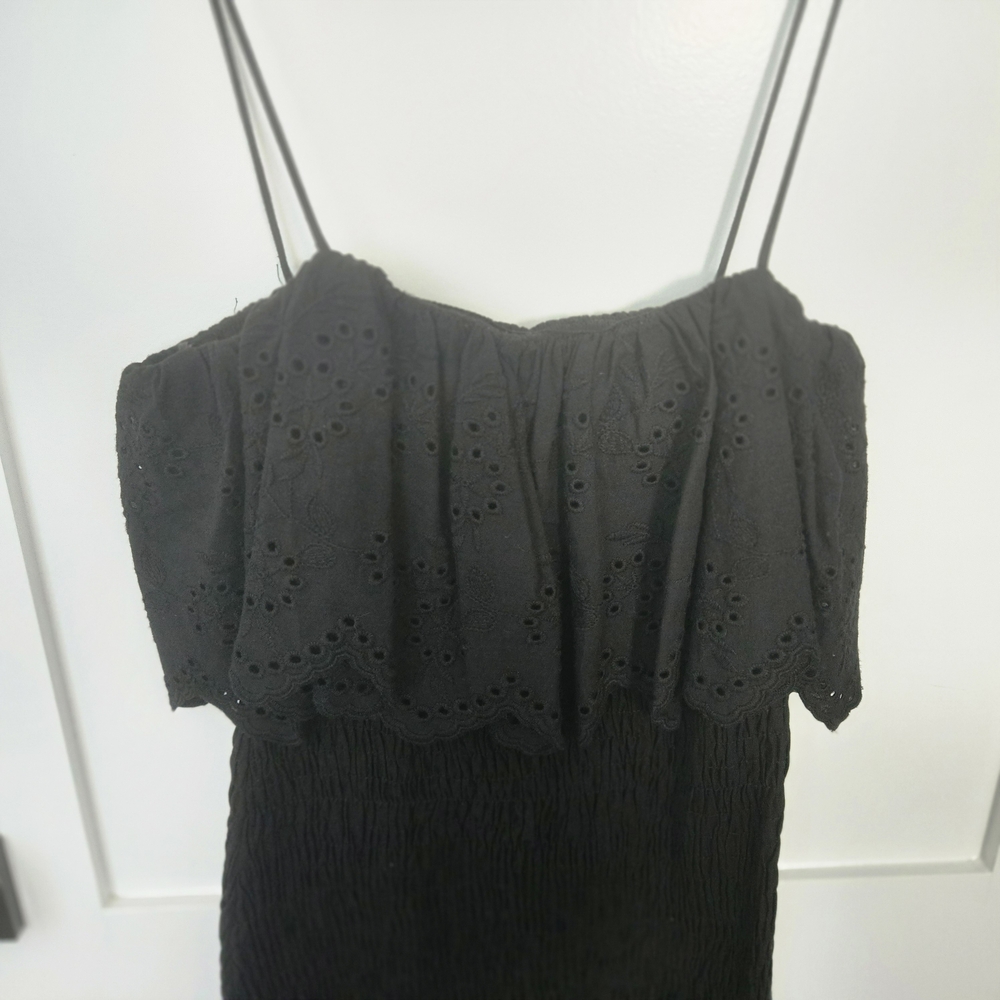 NWT Zara XS Black Spaghetti Strap Mini Dress Ruffled Top Stretch Rouch Bottom - Picture 4 of 11